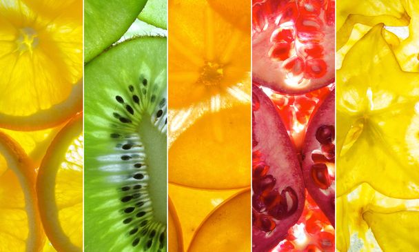 assorted vertical collage of 5 back lit fruit slices - Photo, Image