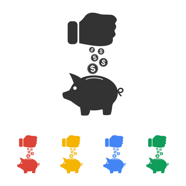 Sparschwein und Hand mit Münze schwarz icon.vector Illustration, - Vektor, Bild