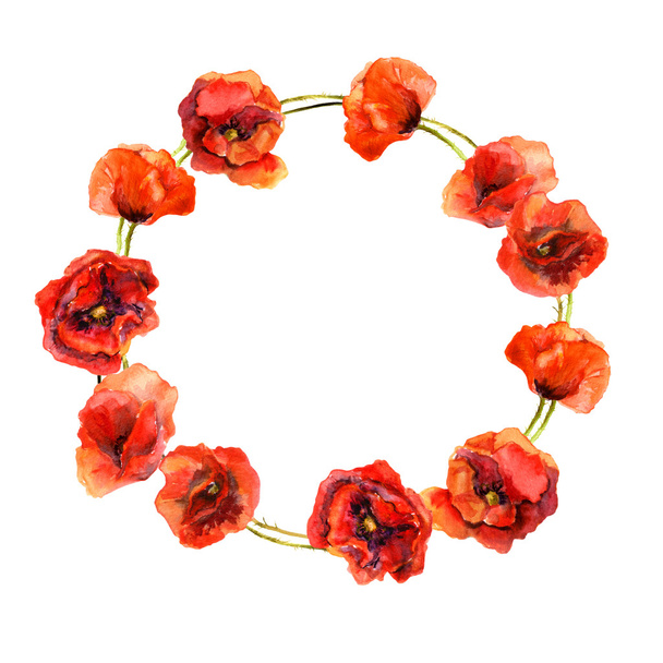 Vintage floral circle garland with colorful red poppy flowers. Watercolor painted retro design - Zdjęcie, obraz
