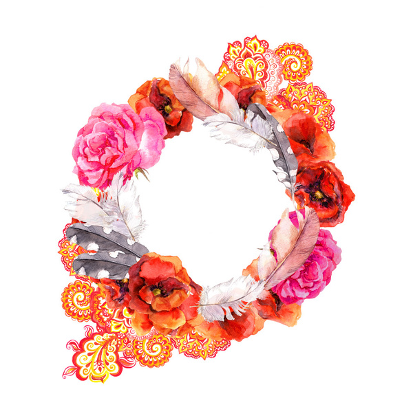 Fashion hippie style. Floral wreath with red flowers poppies, rose, feathers and eastern ornament. Watercolor - Zdjęcie, obraz