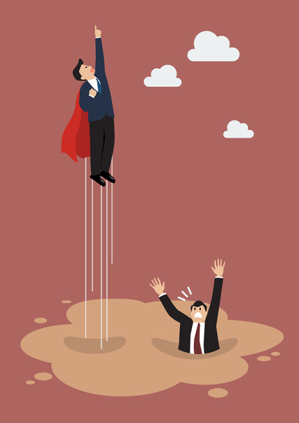 Businessman superhero get away from puddle of quicksand - Vector, Image