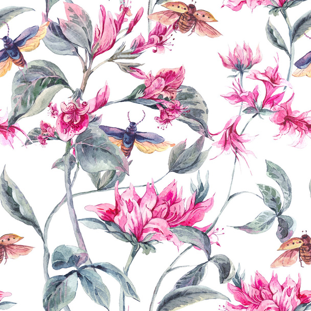 Akvarell varratmentes háttérben rózsaszín virágok és bogarak - Fotó, kép