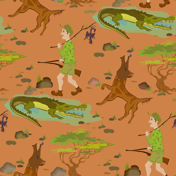 Бесшовный рисунок с охотниками на мультфильмы, волками и аллигаторами
. - Вектор,изображение