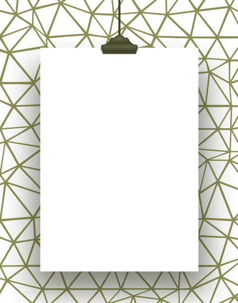 Hoja de papel vertical colgada única con clip en malla verdosa
 - Foto, imagen