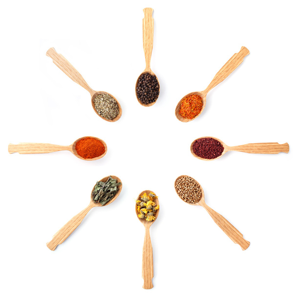 Collectie van 8 specerijen op een houten lepel - Foto, afbeelding