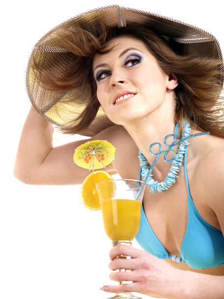Girl in bikini drinking orange juice. - Zdjęcie, obraz