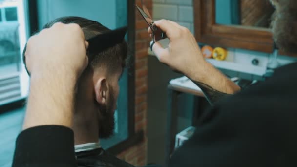 Barber cuts the hair of the client with scissors - Footage, Video