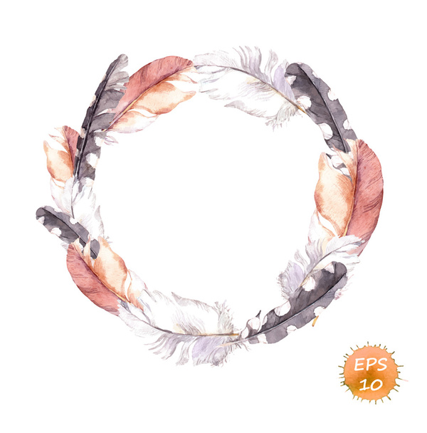 Vintage wreath feathers border in boho style. Watercolor vector - ベクター画像