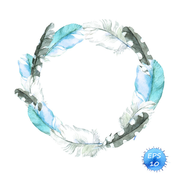 Feathers of blue bird. Wreath border. Watercolor vector for fashion - ベクター画像