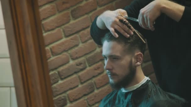 29 Peluquero corta el cabello del cliente con tijeras en el espejo
 - Imágenes, Vídeo
