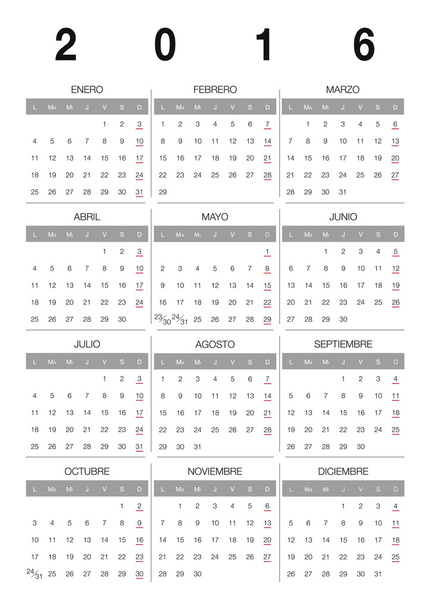 Kalendář 2016 Španělština - Vektor, obrázek