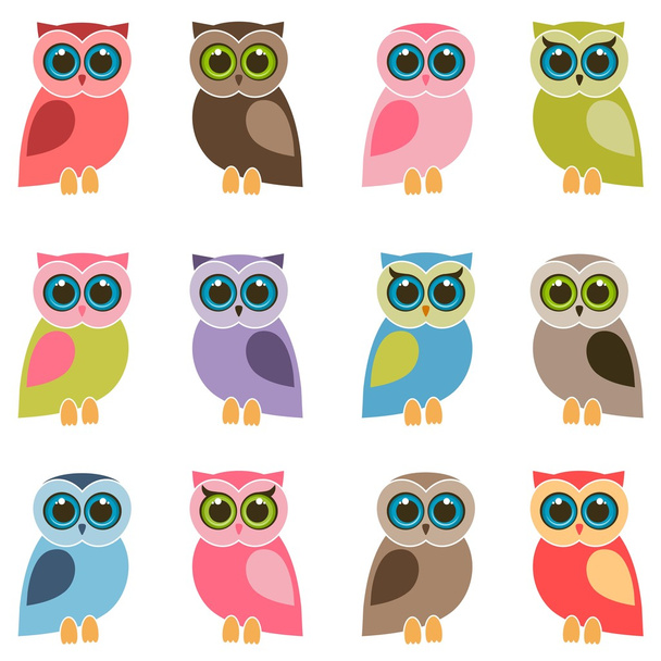 set of colorful owls and owlets - Vector, Imagen