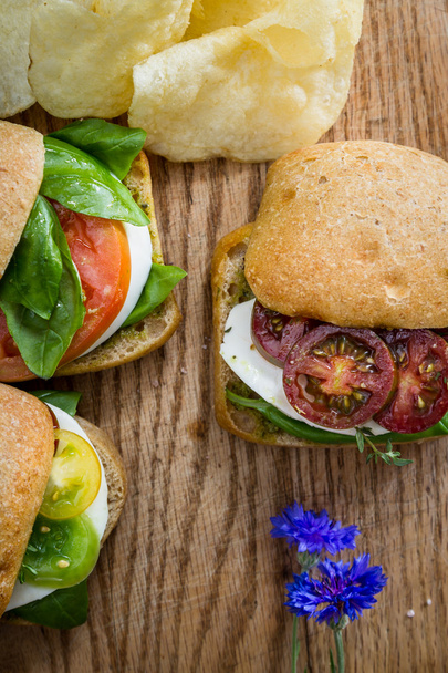 Свежий бутерброд с томатом моцарелла с базиликом
 - Фото, изображение