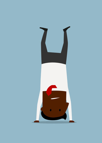 Uomo d'affari dei cartoni animati che fa posa stand yoga
 - Vettoriali, immagini
