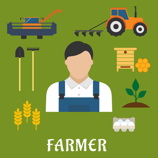 Farmer profession and agriculture flat icons - Vektör, Görsel