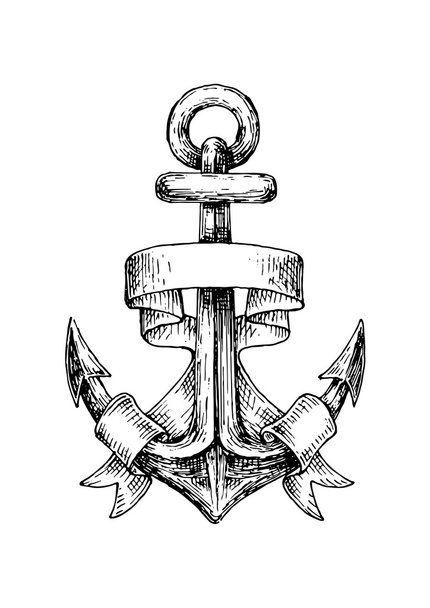 Bosquejo de ancla náutica retro con bandera ondulada
 - Vector, imagen