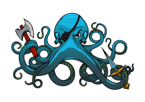 Cartoon octopus pirate with axe and sword - Vektör, Görsel