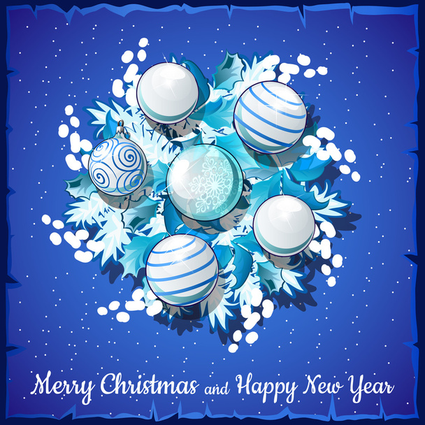 Χριστουγεννιάτικη κάρτα για ασημένια στεφάνι με μπάλες - Διάνυσμα, εικόνα