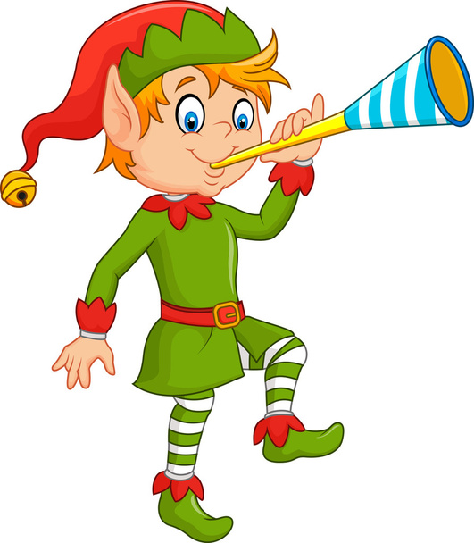 Dibujos animados divertido elfo tocando trompeta
 - Vector, imagen