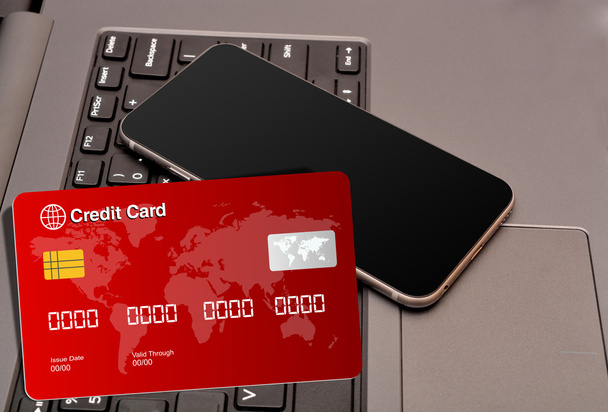 Smartphone und Kreditkarte auf Tastatur hautnah - Foto, Bild