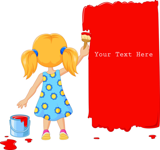 Χαριτωμένο κοριτσάκι ζωγραφική στον τοίχο με κόκκινο χρώμα - Διάνυσμα, εικόνα