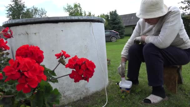 Senior boer vrouw met Paintbrush Paint goed huis in boerderij werf. 4k - Video