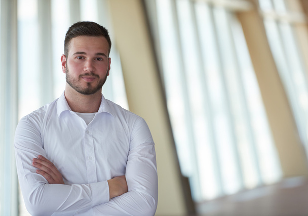 portrait of happy young handsome hipster businessman with beard at modern office space interior - Fotografie, Obrázek