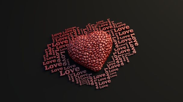 Glossy hearts to heart and many 3d text on black background rays. - Photo, Image