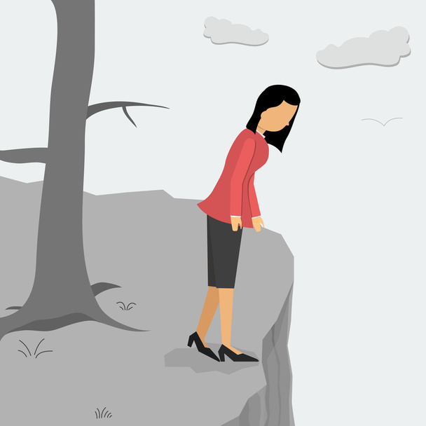 Depressed woman on a cliff looking down - Vector, Image