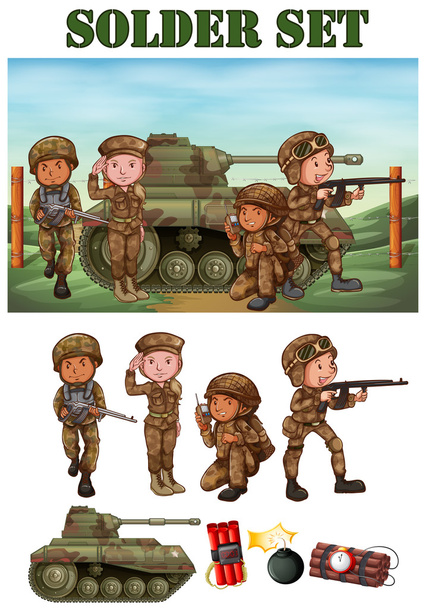 Soldiers with gun in the field - Vector, Image