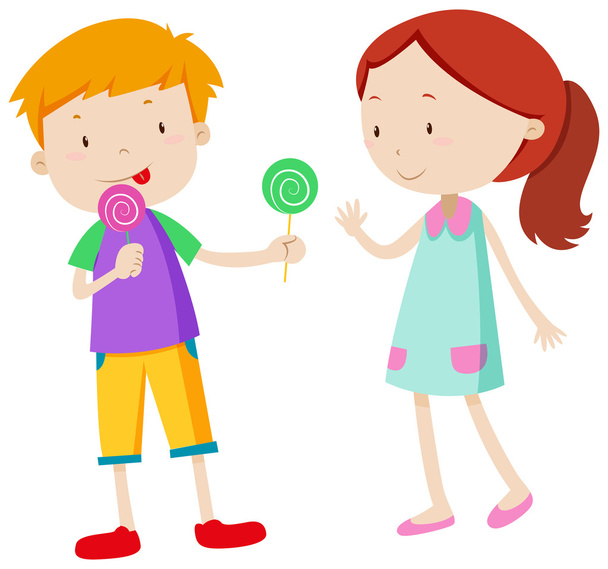 Мальчик делится сладостями с девушкой
 - Вектор,изображение