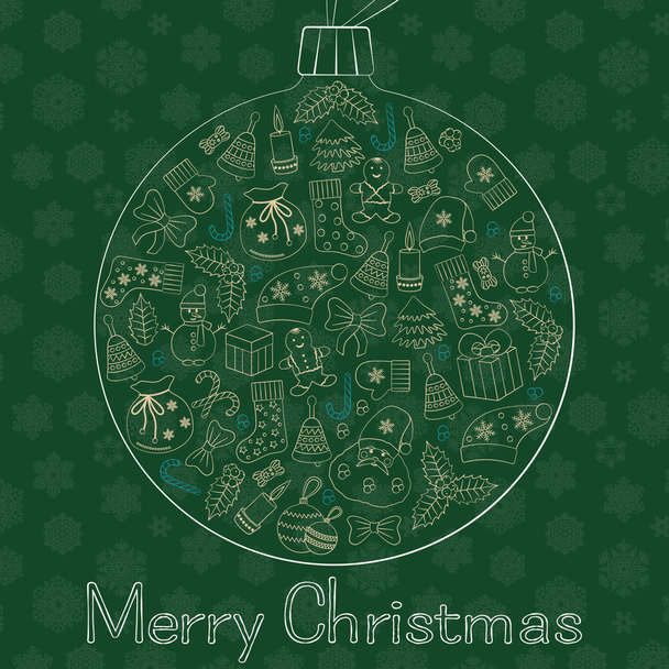 Χριστούγεννα σφαίρα ευχετήρια κάρτα με κείμενο καλά Χριστούγεννα και πολλά σκίτσα του χειμώνα. Santa, παιχνίδια, μπισκότα, χιονάνθρωποι, Ελάτη, καραμέλες, κάλτσες, δώρα, τόξα, νιφάδες χιονιού, αστέρια, πουρνάρια, γάντια, κλπ. - Διάνυσμα, εικόνα