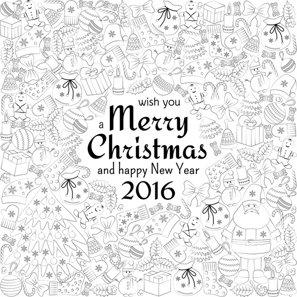 Joulutervehdyskortti tekstillä toivottaa hyvää joulua ja monia talven doodles. Joulupukki, lelut, keksit, lumiukot, kuuset, karkit, sukat, lahjat, jouset, lumihiutaleet, tähdet, hollyt, lapaset jne.
. - Vektori, kuva