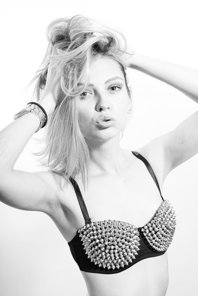 Picture of fashion beautiful blond sexy girl in spikes underwear - 写真・画像