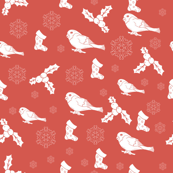 Seamless pattern with hand drawn Christmas tree, snowflake and bullfinch for winter holidays Vintage  New Year design - Vector, Image