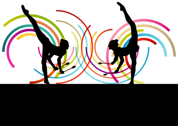 Female woman modern rhythmic gymnastics art with Indian clubs ve - Vector, Image