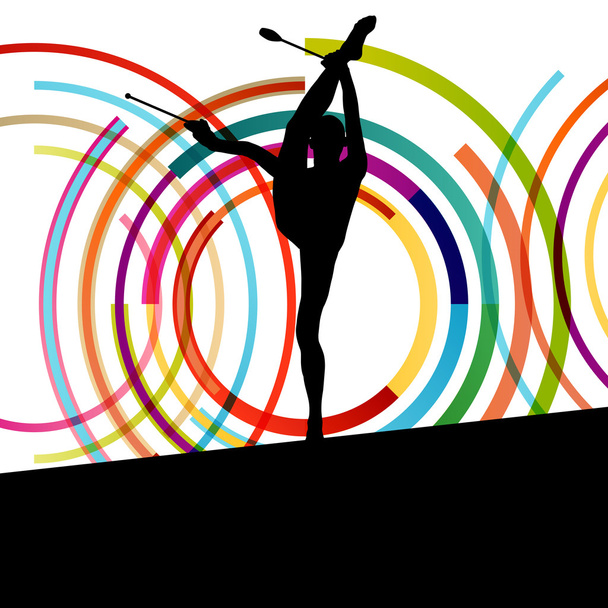 Female woman modern rhythmic gymnastics art with Indian clubs ve - Vector, Image