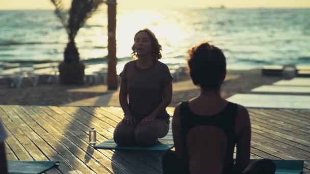 skupina žen cvičí jógu na pláži Zpomalený pohyb - Záběry, video