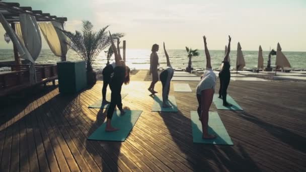 pratik yoga plaj yavaş hareket üzerinde kadın grubu - Video, Çekim