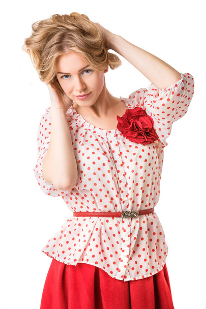 girl in a red skirt and polka dot shirt - Photo, Image