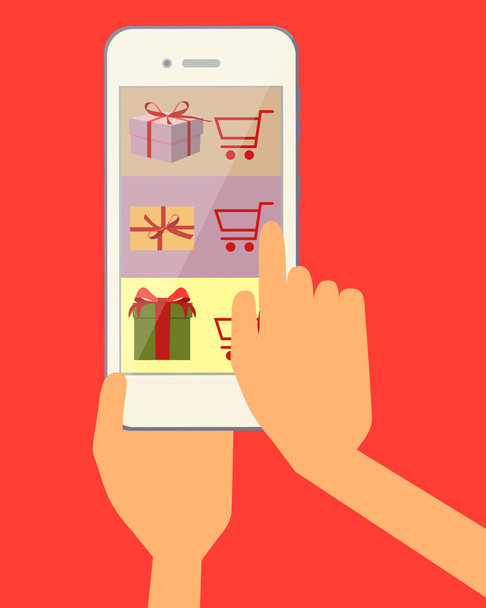 Ordering online gift through the web site using a mobile phone. Vector illustration - Vektor, obrázek