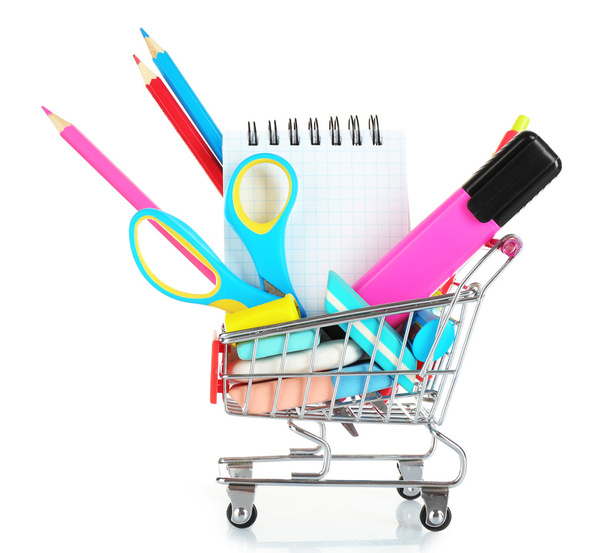 stationery objects in mini supermarket cart - Foto, afbeelding