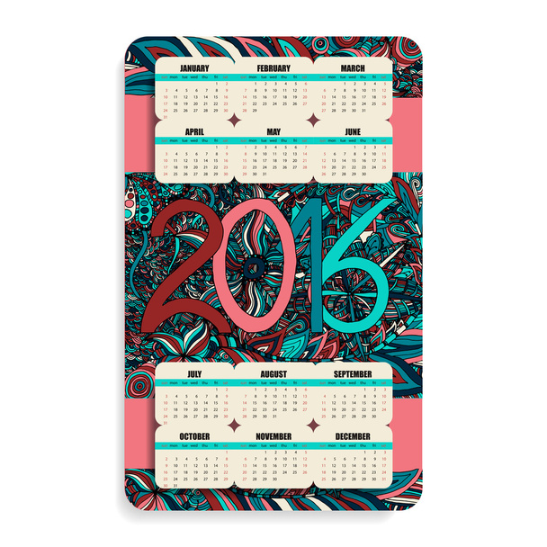 calendario de color vertical 2016 en el estilo Zentangle y Doodle
 - Vector, Imagen