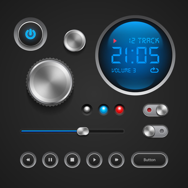 Hi-End User Interface Elements: Buttons, Switchers, On, Off, Player, Audio, Video: Play, Stop, Next, Pause, Volume - Vektor, Bild