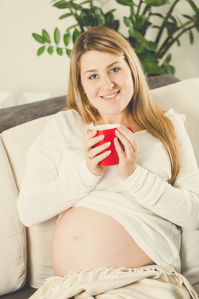 Toned portrait of smiling pregnant woman sitting on sofa with cu - Фото, изображение