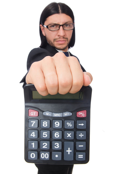 Uomo con calcolatrice isolata su bianco - Foto, immagini