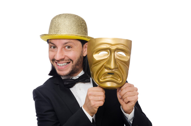 Homme avec masque de théâtre isolé sur blanc - Photo, image