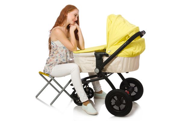 Mulher com bebê e carrinho isolado em branco - Foto, Imagem