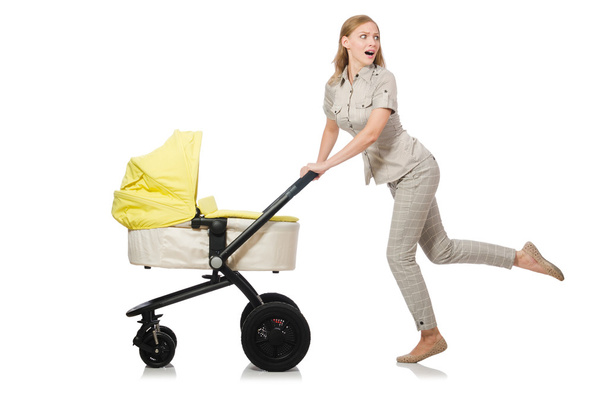Kobieta z dzieckiem i wózek izolowane na białym - Zdjęcie, obraz