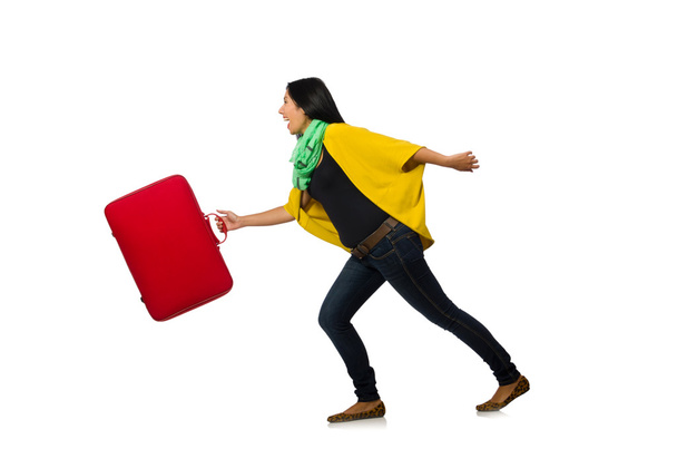 Woman with suitcases on white - Photo, Image
